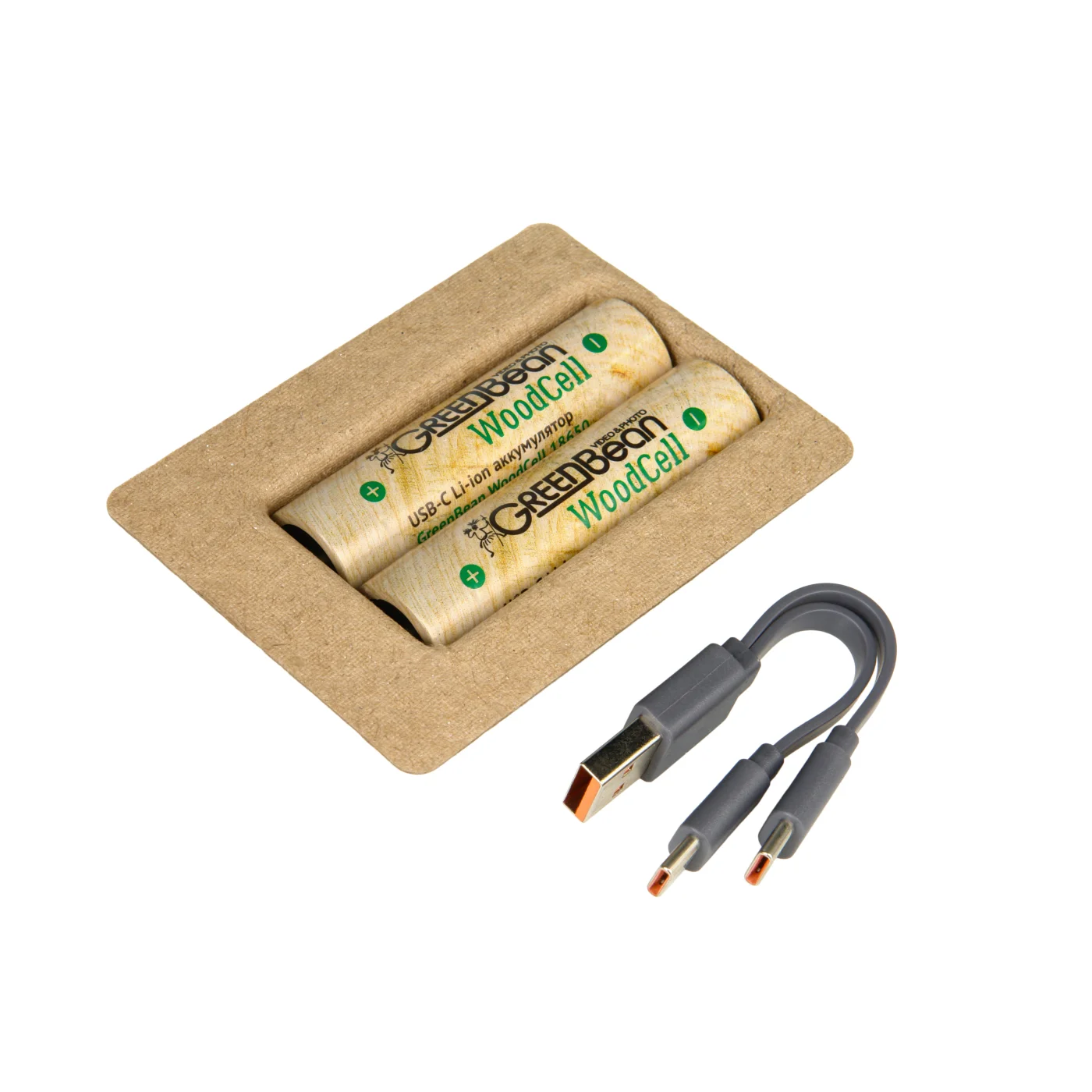 Аккумулятор GreenBean WoodCell 18650 зарядка USB-C (набор 2 шт)