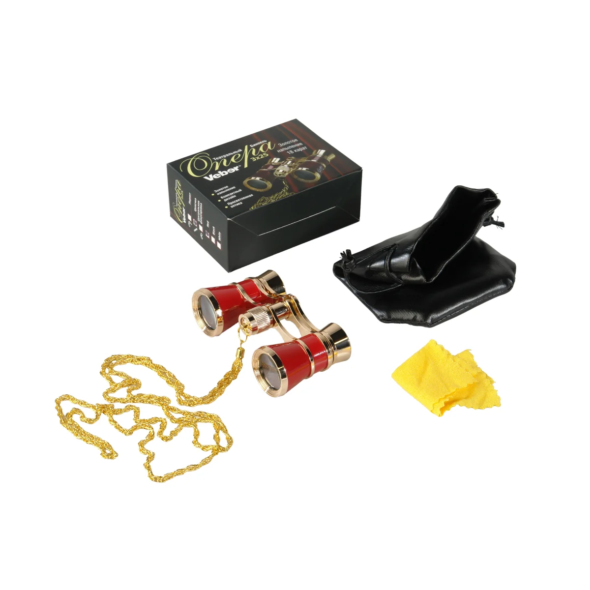 Бинокль театральный Veber Opera  БГЦ 3x25 с цепочкой, красный/золотой