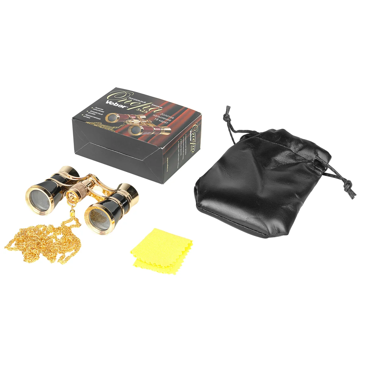 Бинокль театральный Veber Opera БГЦ 3x25 с цепочкой, черный/золотой