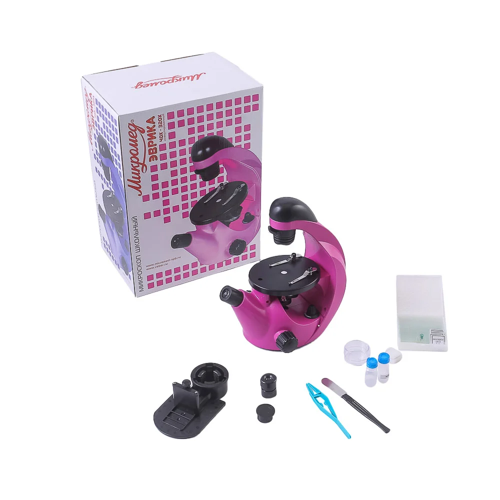 Микроскоп школьный Эврика 40х-320х инвертированный (фуксия) (уценка 01)